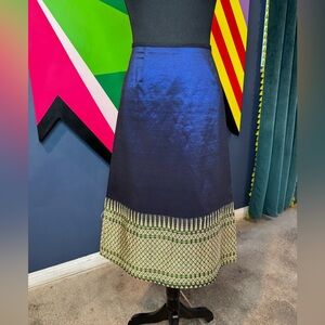 Vintage Y2K Arden B Iridescent Blue A-Line Skirt with Gold Indian Trim